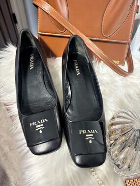 Prada Black Leather Square Toe Block Heel Pumps Black Square Toe Block Heel